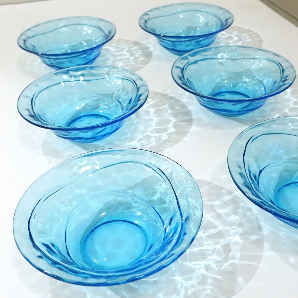 Set of 6 hand blown blue glass small dessert bowls